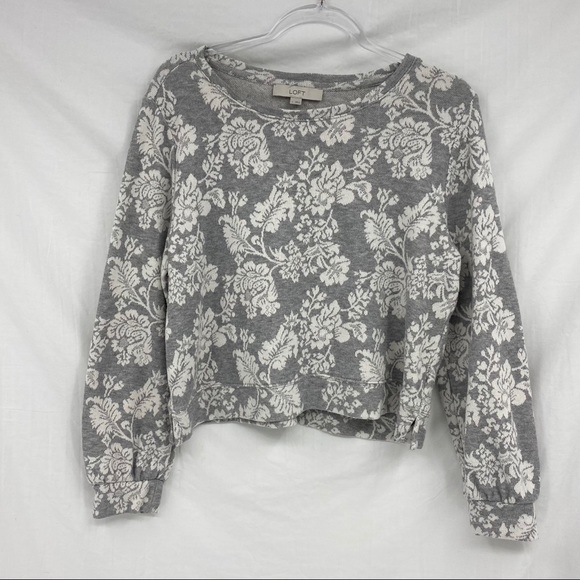 LOFT gray floral print destructed crop sweater L - Picture 13 of 13